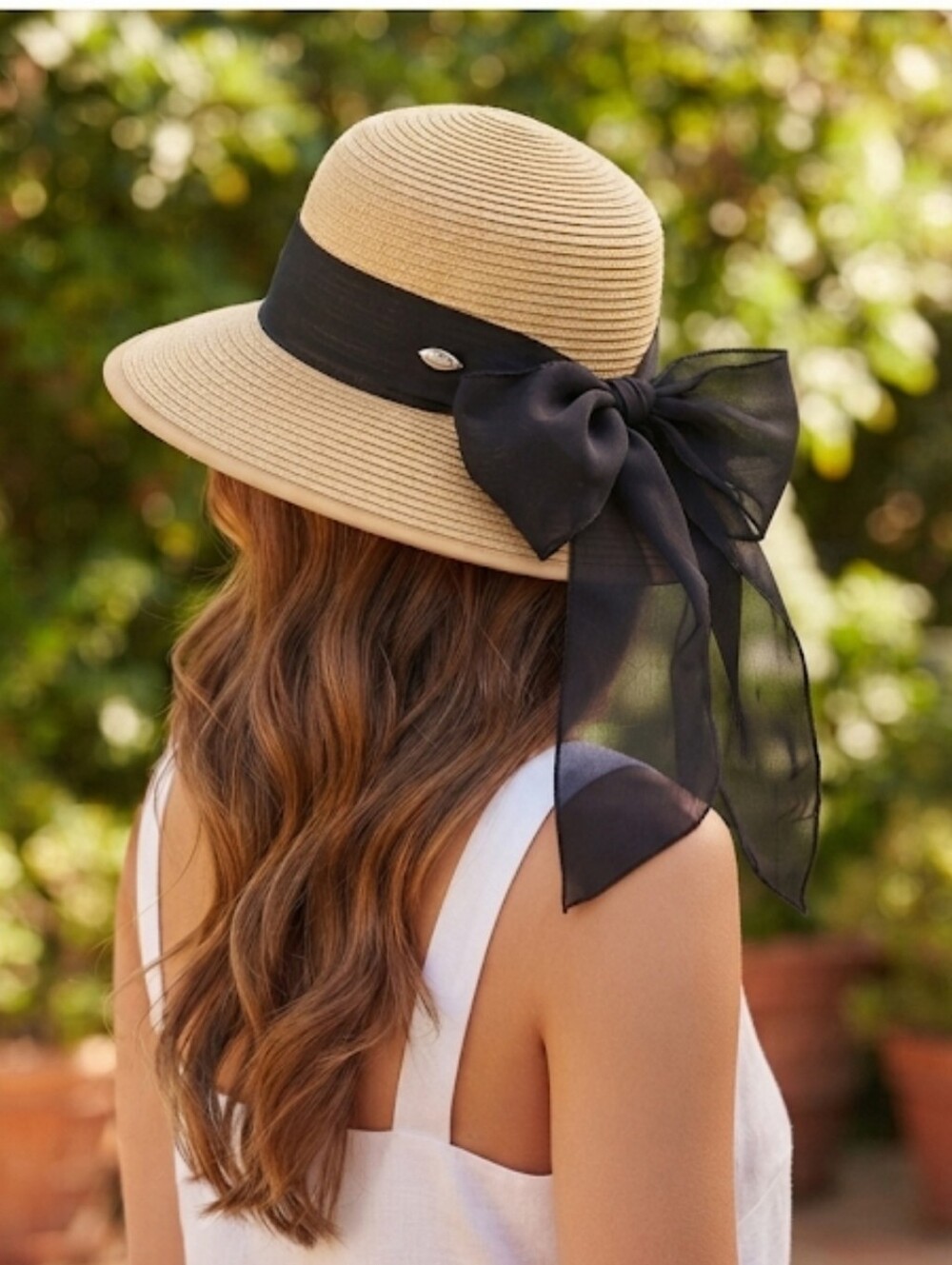 Kallina Beige Sun Hat with Black Ribbon Band and Bow - UPF 50 + - Like New